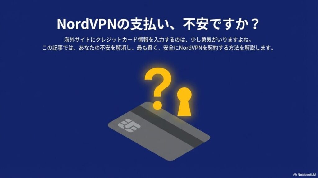 クレジットカードのイラストと「NordVPNの支払い、不安ですか?」という問いかけが書かれたガイドの表紙スライド 。