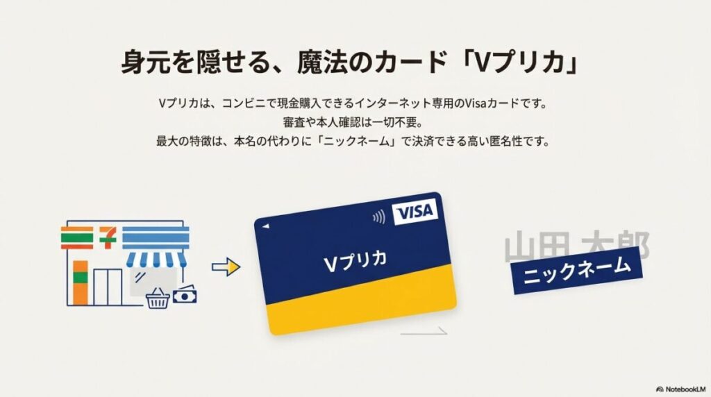 コンビニで購入でき、ニックネームで決済可能なVisaプリペイドカード「Vプリカ」の解説スライド 。