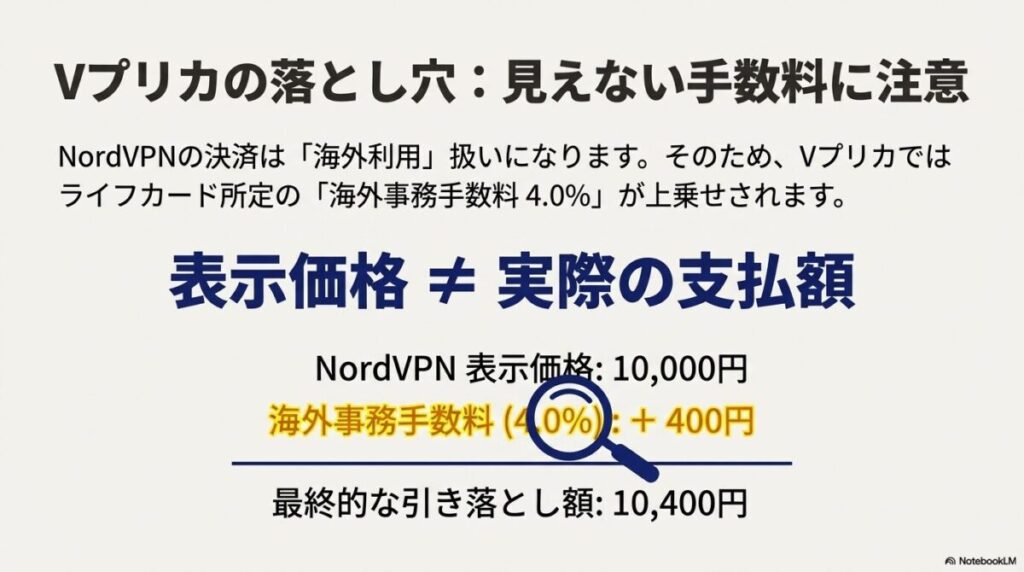 表示価格10,000円に対し、海外事務手数料4%が加算されて最終支払額が10,400円になることを示す図解スライド 。