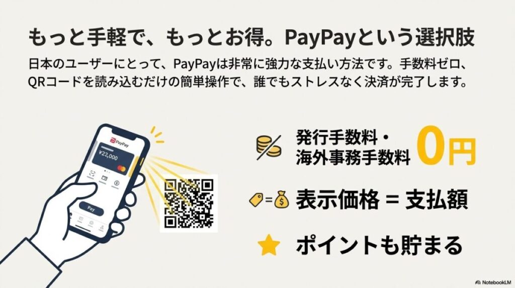 手数料0円でポイントも貯まる、日本国内ユーザーに最適なPayPay決済のメリットを説明するスライド 。