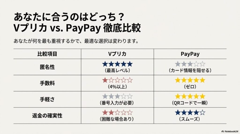 匿名性、手数料、手軽さ、返金の確実性の4項目でVプリカとPayPayを比較した表のスライド 。