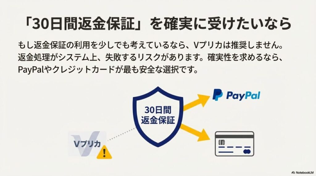 Vプリカは返金トラブルのリスクがあるため、30日間返金保証を重視するならPayPalが安全であることを示すスライド 。