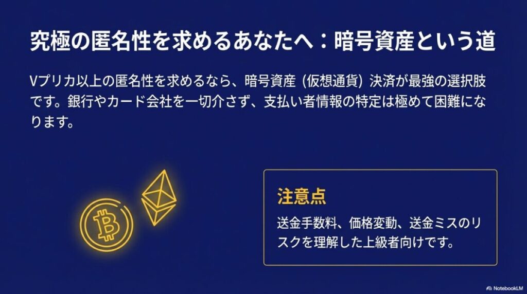 銀行を介さないため特定が困難な、上級者向けのビットコイン等の暗号資産決済を紹介するスライド 。