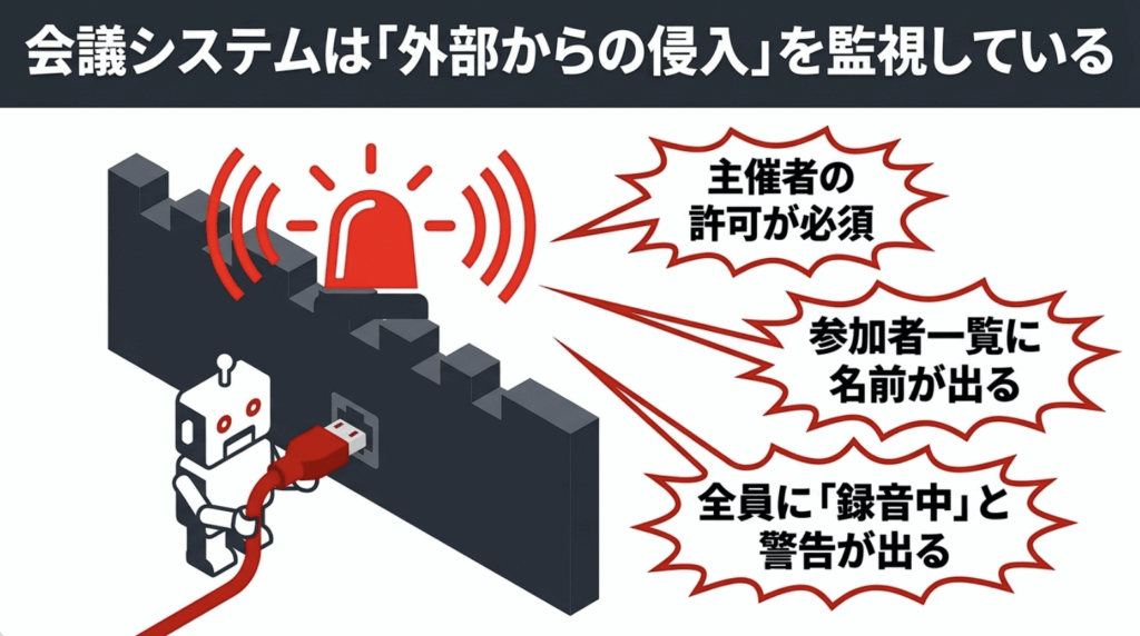Notta Botが主催者の許可、参加者一覧への表示、録音中の警告によって気づかれることを示した図
