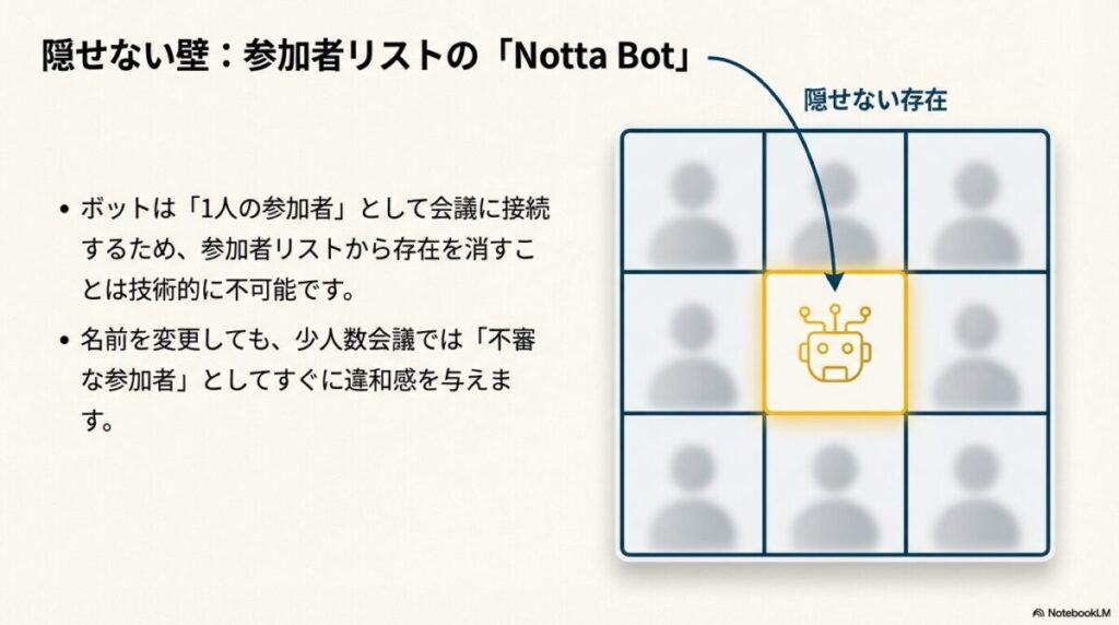 Zoomの参加者リストの中に、人間とは別に「Notta Bot」という名前のアカウントが1人の参加者として表示されている図解。