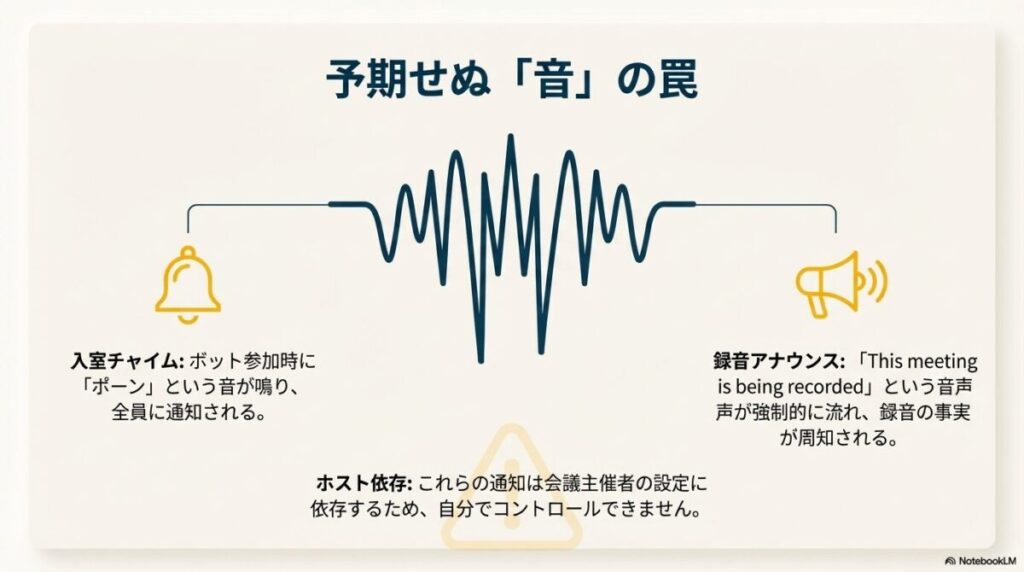 ボット参加時の「ポーン」という入室音と、「This meeting is being recorded」という強制アナウンスが流れるリスクの説明図。
