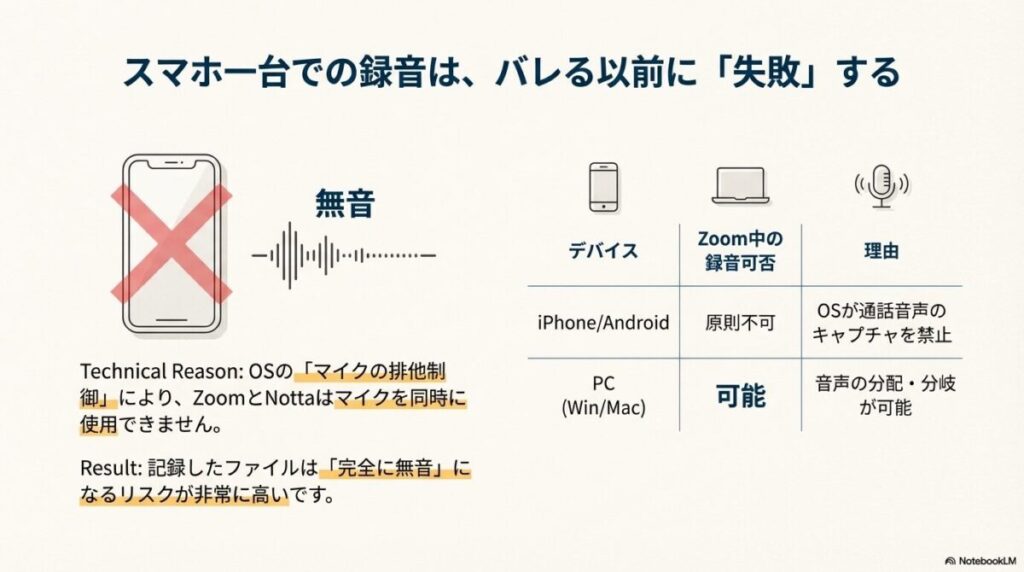 OSのマイク排他制御により、スマホ1台ではZoomとNottaを同時に使用できず、無音になるリスクを示す図。