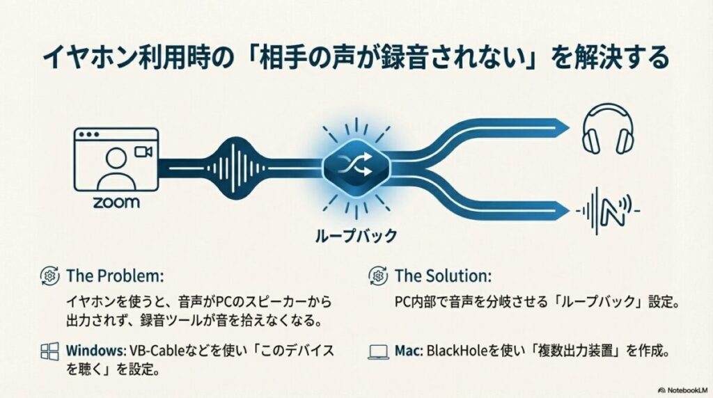 PC内部で音声を分岐させ、イヤホンで聞きながらNottaでも録音できるようにするループバック設定の仕組み。
