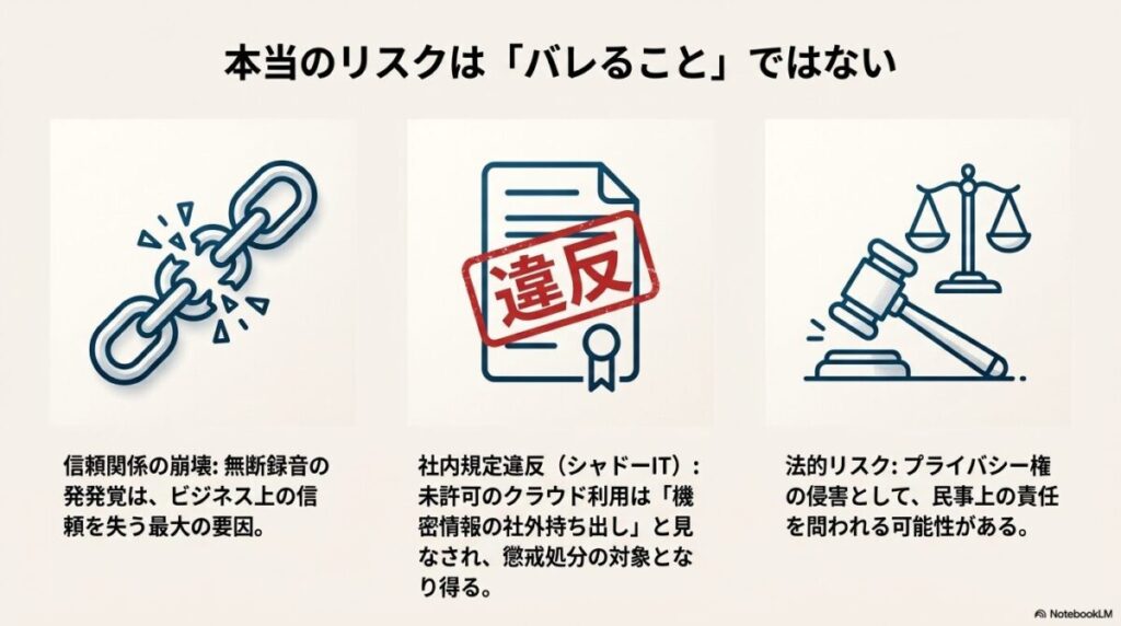 信頼関係の崩壊、社内規定違反（シャドーIT）、プライバシー権侵害といった3つのリスクを示す図。