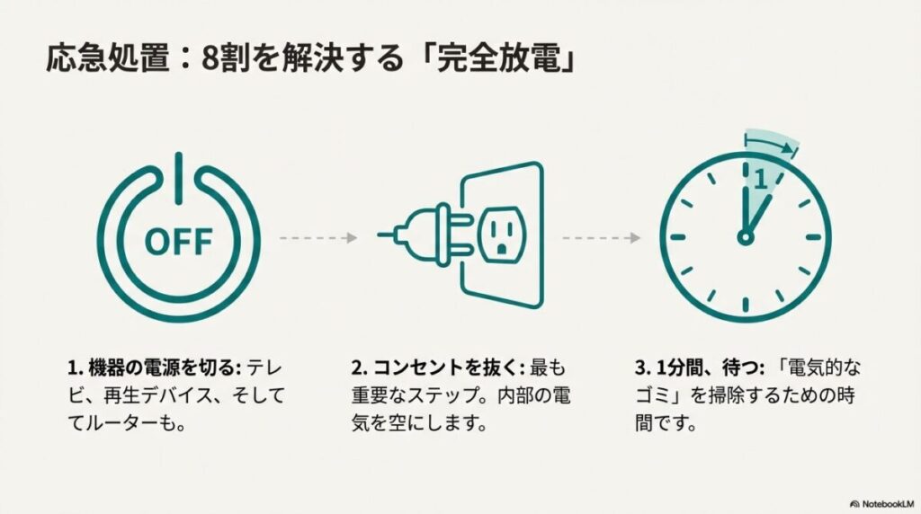 テレビ、再生デバイス、ルーターの電源を切り、コンセントを抜いて1分間待つ完全放電の手順図解