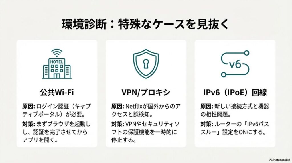 支払い情報の期限切れ、プロフィール制限、同時視聴台数の上限などアカウント側のチェックポイント