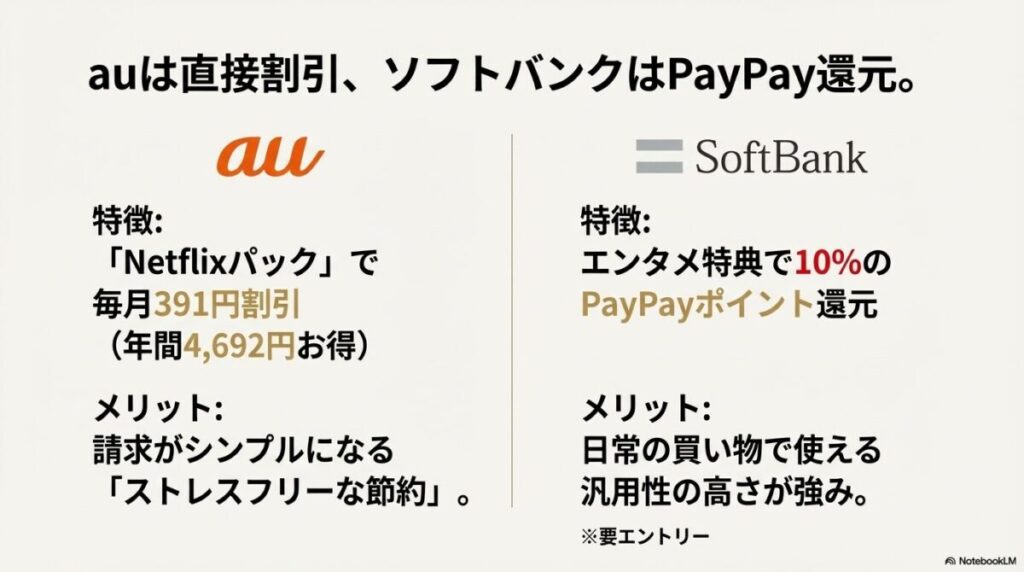 auのセットプラン割引とソフトバンクのPayPayポイント還元特典を比較した図解