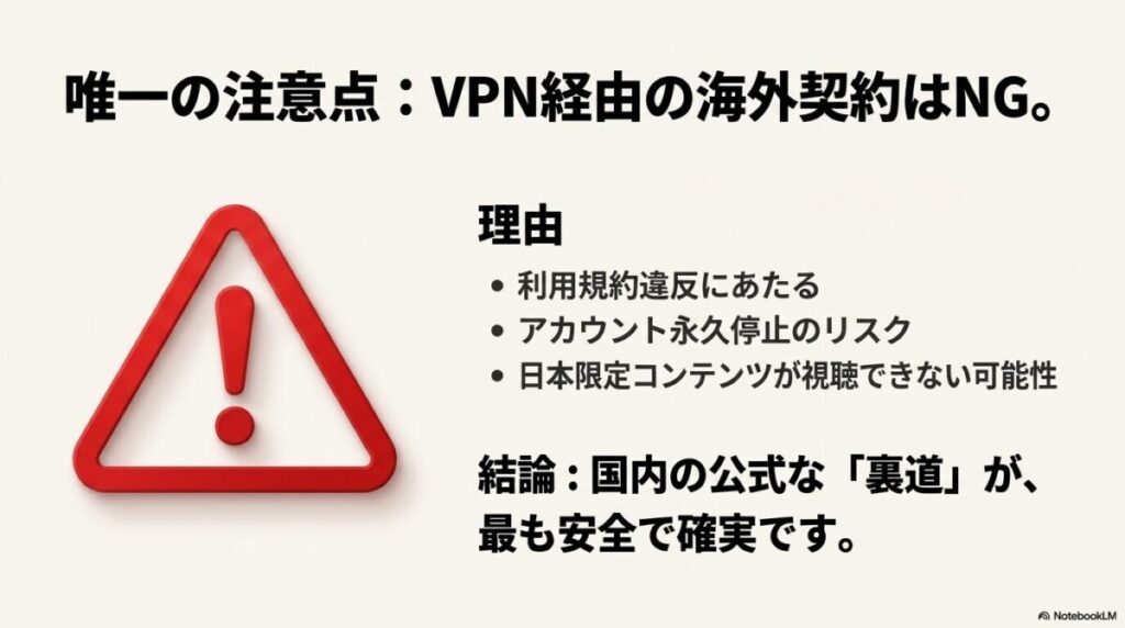 VPNを使った海外契約が規約違反であり、アカウント停止のリスクがあることを警告するスライド