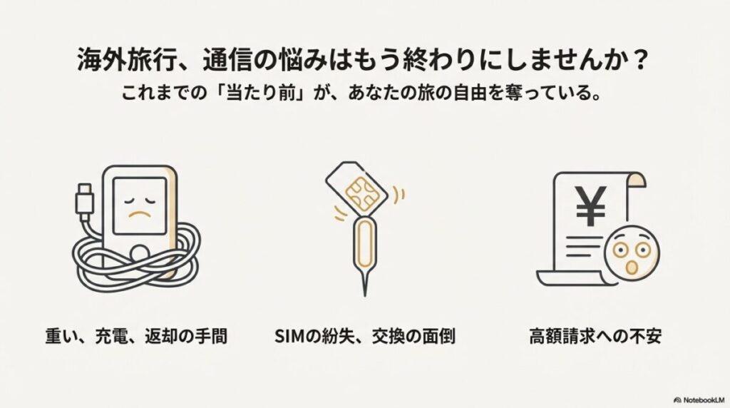 重いWi-Fiルーターの持ち運びや返却の手間、SIMカード紛失の不安、帰国後の高額請求への恐怖といった、従来の海外通信の悩みをまとめたイラスト 。