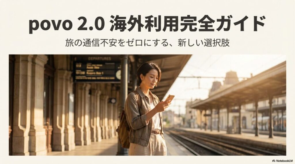 駅のホームでスマートフォンを操作する女性の画像と「povo 2.0 海外利用完全ガイド」のタイトル