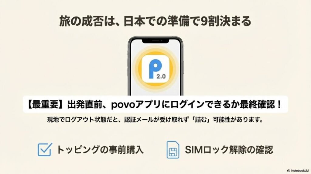日本での準備が9割という見出しと、povoアプリへのログイン確認、トッピング事前購入、SIMロック解除の確認項目