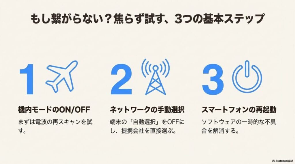 1.機内モードON/OFF、2.ネットワークの手動選択、3.スマートフォンの再起動の3つの手順