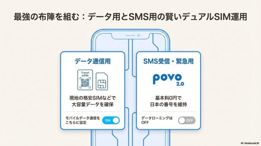 データ通信は現地の格安SIM、SMS受信と緊急用はpovo 2.0(データローミングOFF)で使い分ける設定例