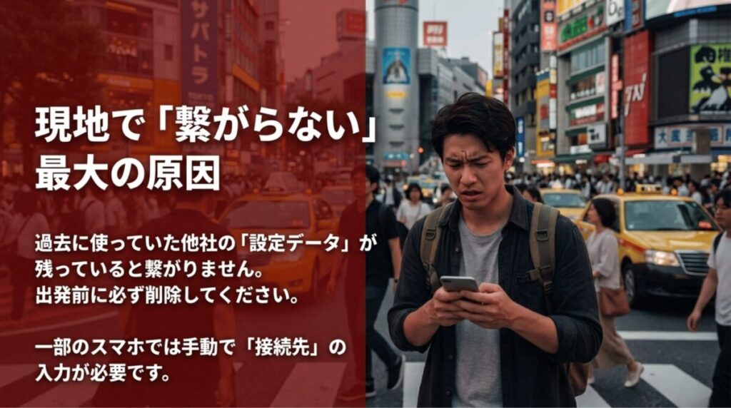 海外でpovoが繋がらない主な原因として、古い通信設定データや手動接続先設定の必要性を説明する画像