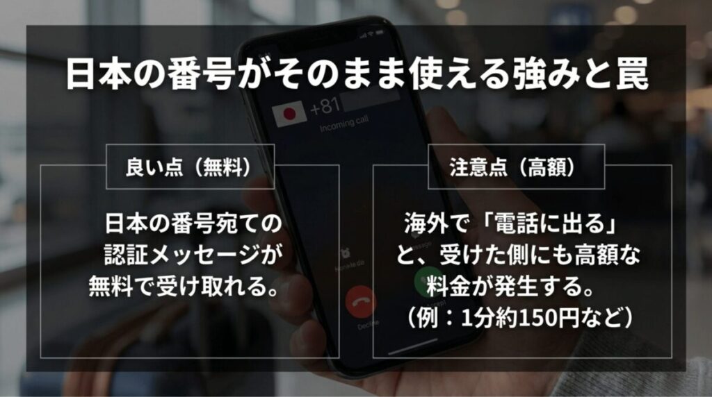 povoは海外でも日本の電話番号でSMS認証を無料受信できる一方、通話に出ると着信側にも高額料金が発生する注意点を示した画像