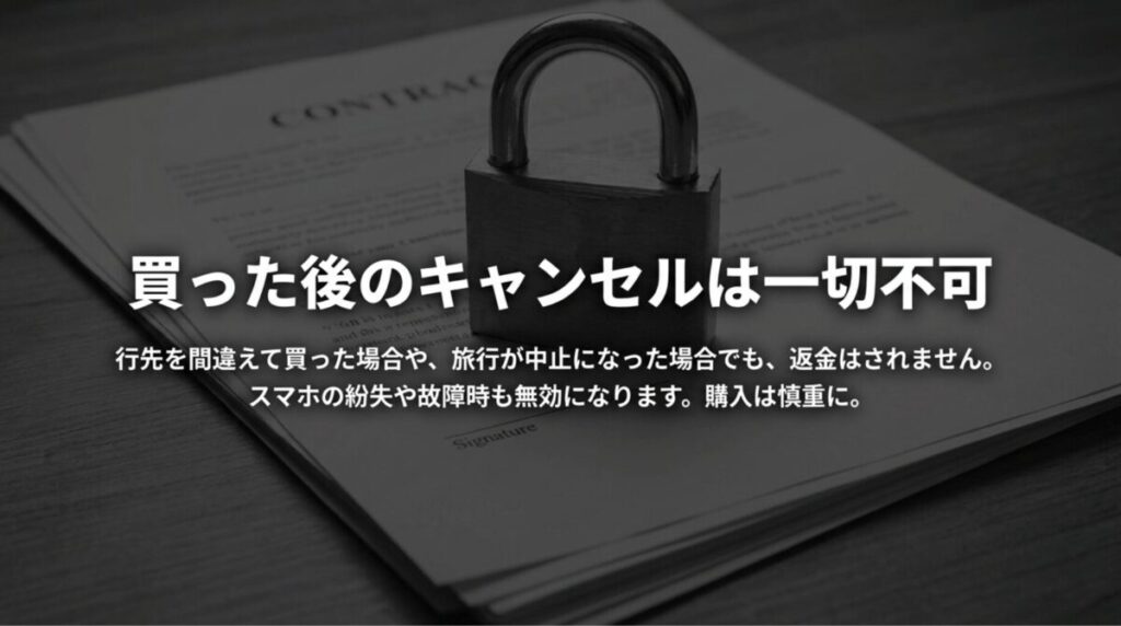 povoの海外データトッピングは購入後、行先間違いや旅行中止、スマホ紛失や故障があっても返金されないことを注意喚起する画像