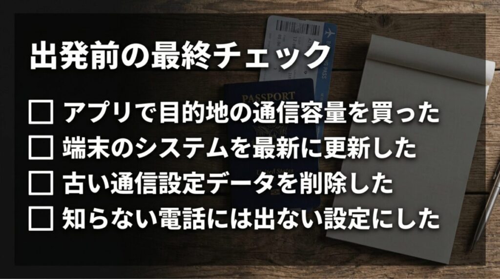 povo海外利用前に、アプリで目的地の通信容量を購入し、端末更新、古い通信設定の削除、知らない電話に出ない設定を確認するチェックリスト画像