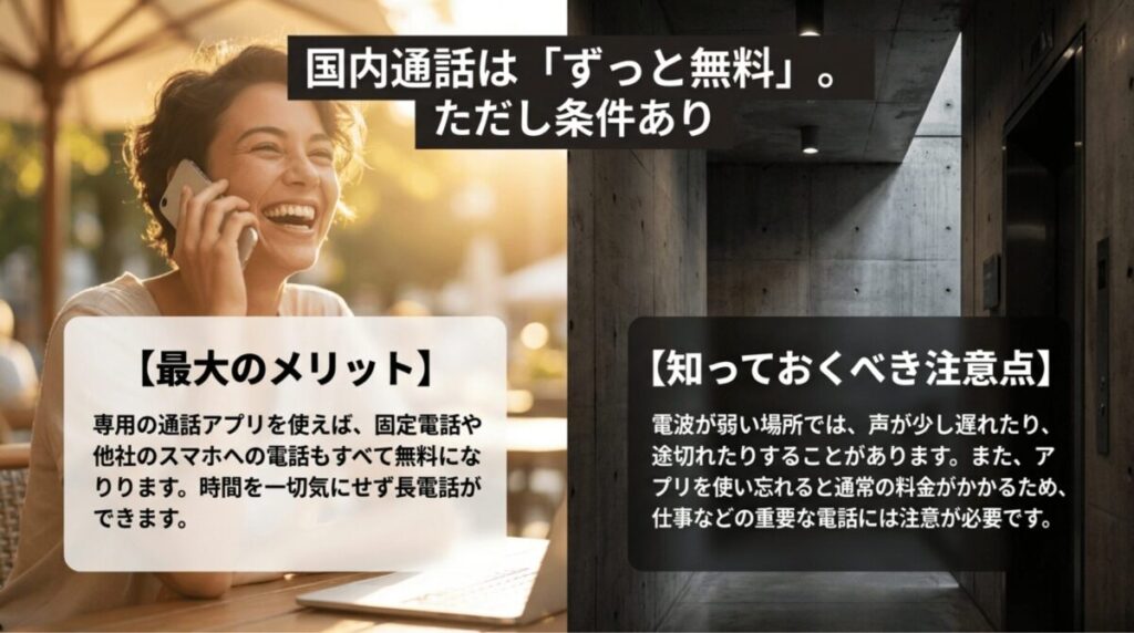 Rakuten Linkを使えば国内通話が無料になる一方、電波状況やアプリの使い忘れには注意が必要であることを示したスライド