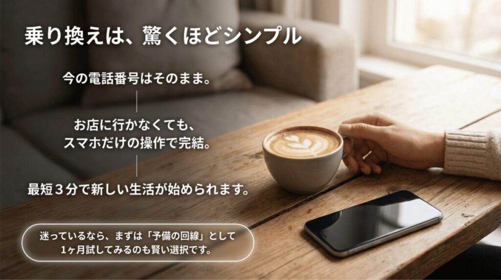 楽天モバイルへの乗り換えは現在の電話番号をそのまま使え、店舗に行かずスマホ操作だけで最短3分で始められることを示したスライド
