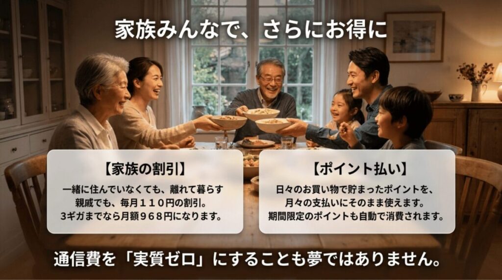 楽天モバイルの家族割による毎月110円割引と、楽天ポイントを月々の支払いに使えるメリットを紹介したスライド