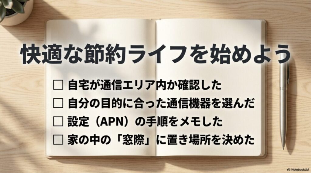 楽天モバイルを自宅回線化する前に、通信エリア、機器選び、APN設定、設置場所を確認するチェックリスト画像