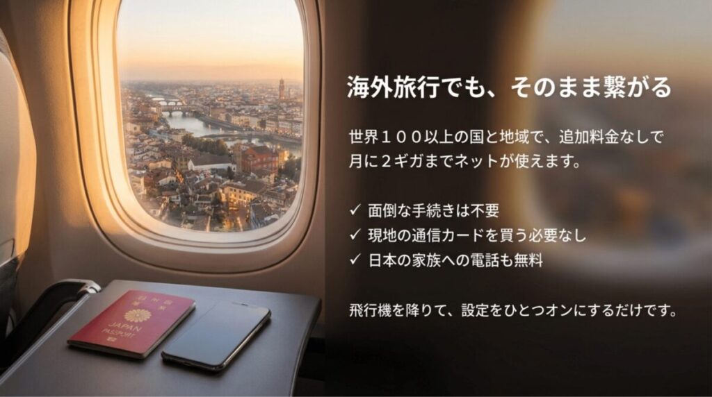 海外100以上の国と地域で毎月2GBまで追加料金なしで使え、日本の家族への電話も無料になることを説明したスライド