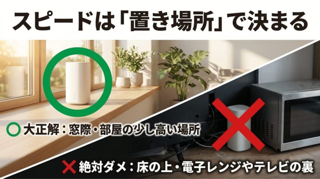 ホームルーターは窓際や高い場所に置くのがよく、床や電子レンジ、テレビの裏は避けるべきことを示した画像