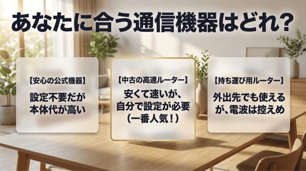 公式機器、中古高速ルーター、持ち運び用ルーターの特徴を比較し、自分に合う通信機器を選ぶポイントを示した画像
