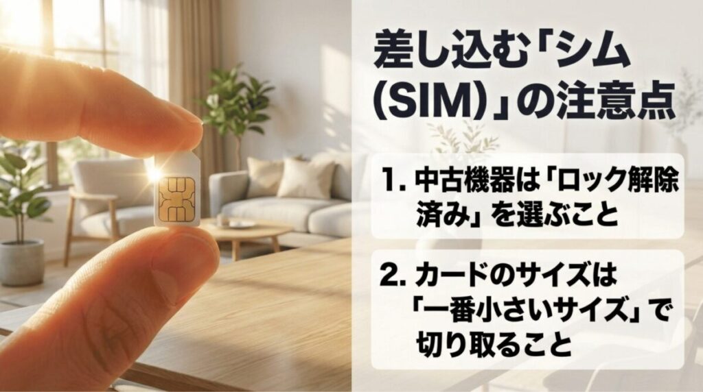 中古ルーターを使う前にSIMロック解除済みか確認し、SIMカードをnanoSIMサイズで使う注意点をまとめた画像
