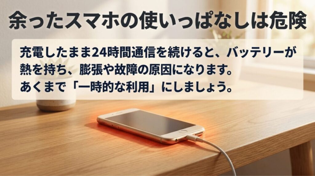 余ったスマホを充電したまま24時間テザリングすると発熱やバッテリー膨張、故障の原因になることを注意喚起する画像