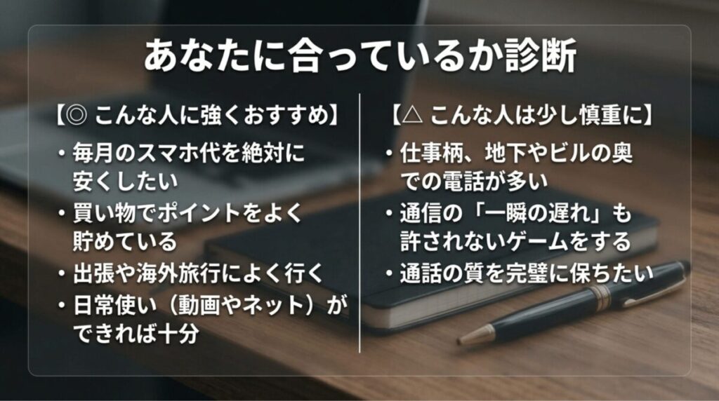 楽天モバイルがスマホ代を安くしたい人や楽天ポイントを貯める人に向く一方、地下やビル奥での通話が多い人は慎重に検討すべきことを示した診断スライド