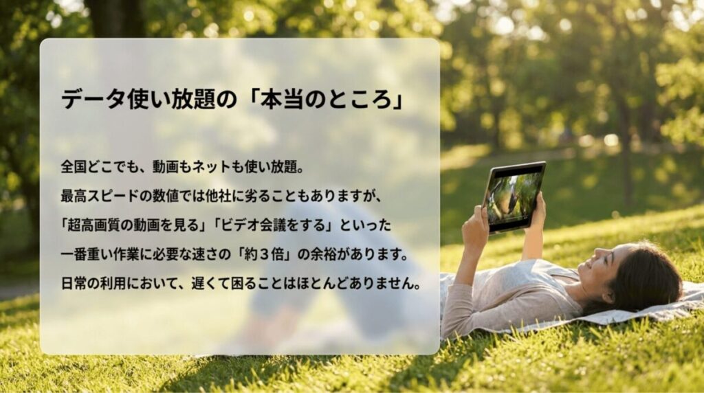 楽天モバイルのデータ使い放題について、動画視聴やビデオ会議にも十分な速度が期待できることを説明したスライド