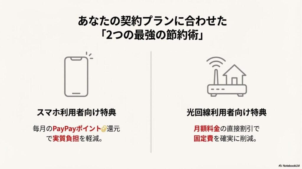 スマホ利用者向けのPayPayポイント還元と光回線利用者向けの月額料金割引の比較図