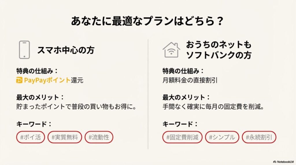 特典の仕組みやメリットによる、スマホ中心ユーザーと自宅ネットユーザー向けのプラン比較表