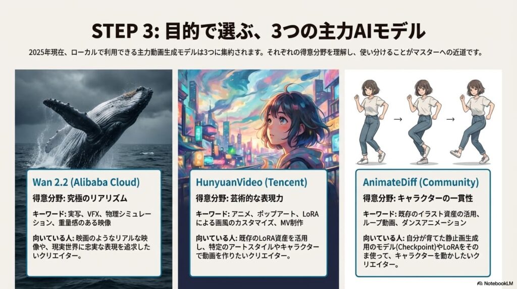 Wan 2.2（実写・リアル）、HunyuanVideo（芸術・表現力）、AnimateDiff（キャラ固定）の3つのモデルの特徴と得意分野を比較した図。