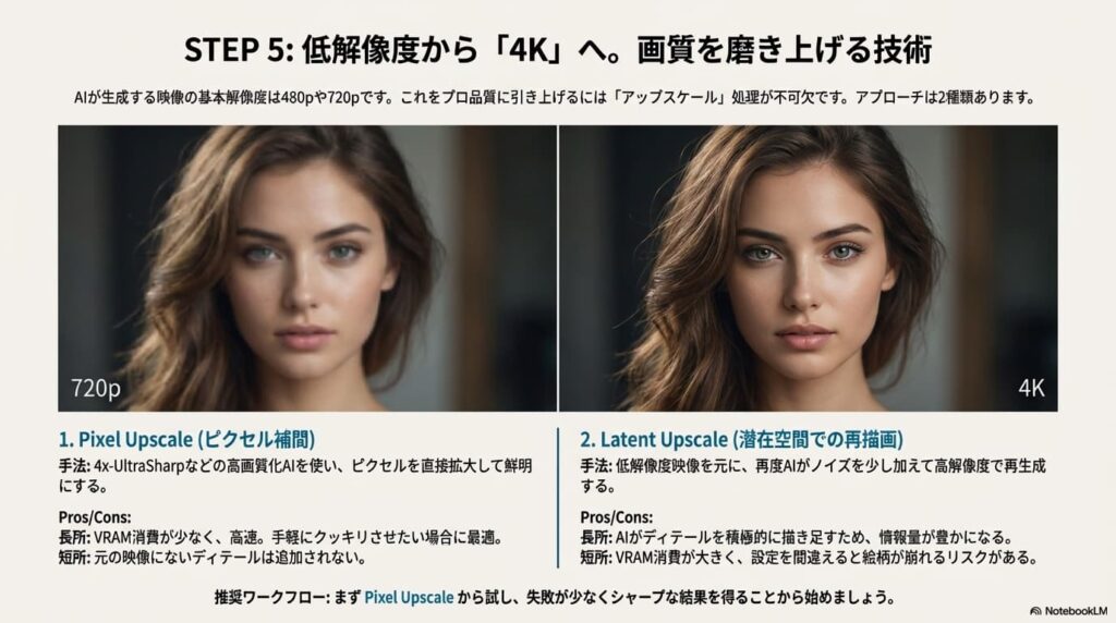動画の解像度を上げる2つの手法、Pixel Upscale（ピクセル補間）とLatent Upscale（再描画）のメリット・デメリット比較。
