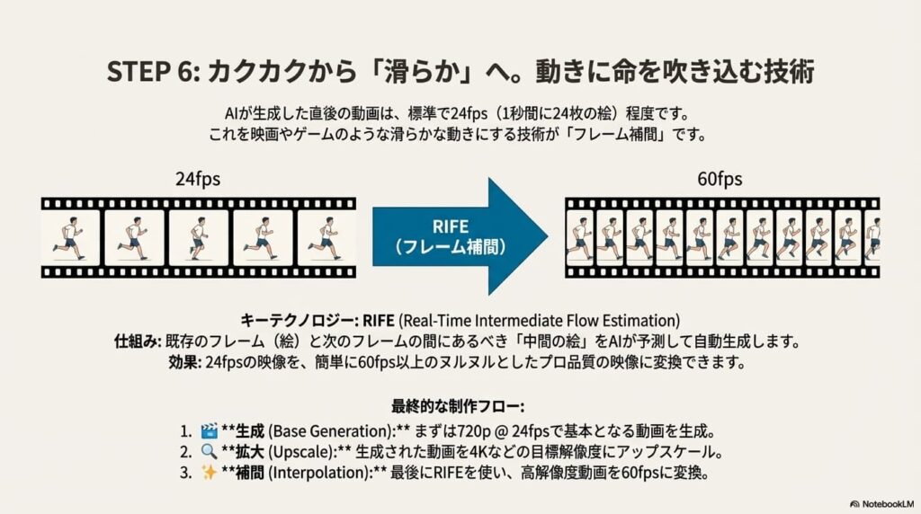 フレームレートを24fpsから60fpsに変換するRIFE技術の解説。カクカクした動画を滑らかにするプロセスの図解。