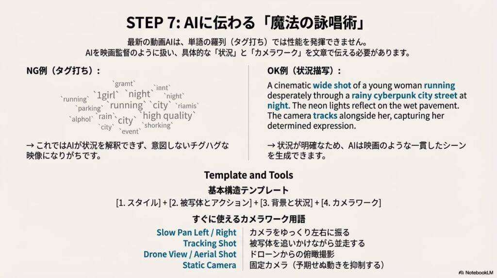 単語の羅列（タグ打ち）では失敗することを示したNG例と、状況とカメラワークを文章で伝えるOK例の比較解説図。