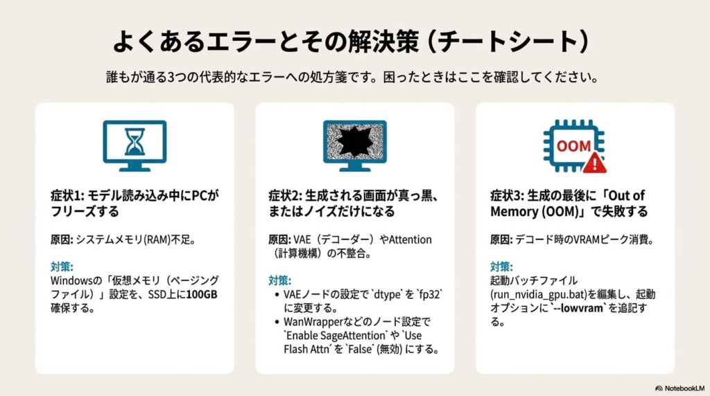 メモリ不足によるフリーズ、画面が黒くなるエラー、最後のOOM落ちという3大エラーの原因と対策をまとめた一覧表。