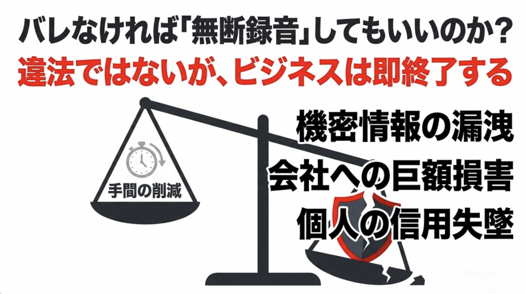 無断録音による機密情報の漏洩、会社への損害、個人の信用失墜リスクを示した図