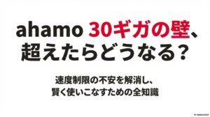 ahamoのデータ容量30ギガを超えたらどうなるかを解説する資料の表紙。速度制限の不安を解消する内容であることを示している。