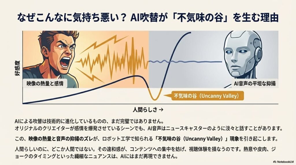 映像の熱量(感情)とAI音声の平坦な抑揚のズレを示すグラフ。人間らしいが完璧ではないAI音声が、ユーザーに不気味さや違和感を与える「不気味の谷」現象を解説している。