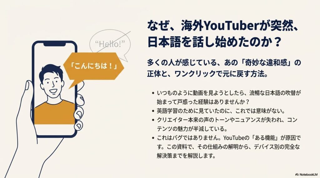 スマートフォンの画面から「Hello!」ではなく「こんにちは!」という吹き出しが出ているイラスト。海外YouTuberの動画が自動で日本語吹き替えになる現象を表現。