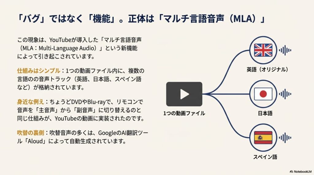 YouTubeの動画ファイル構造の図解。1つの動画ファイルから、英語、日本語、スペイン語など複数の音声トラックが分岐しており、DVDの副音声切り替えと同じ仕組みであることを説明している。