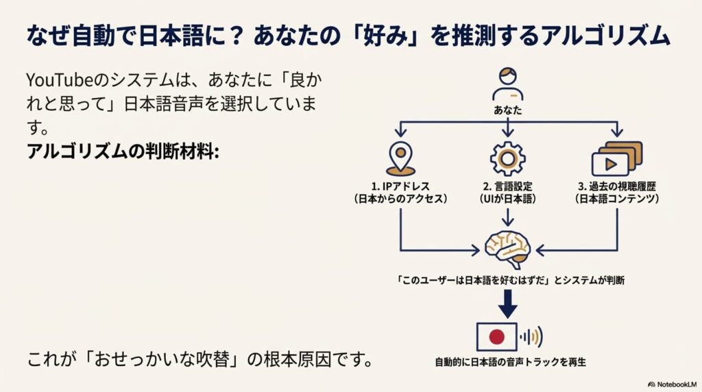 YouTubeのシステムが、ユーザーのIPアドレス、言語設定、視聴履歴を分析し、「日本語を好むはずだ」と推測して自動的に日本語トラックを選択するプロセスの図解。